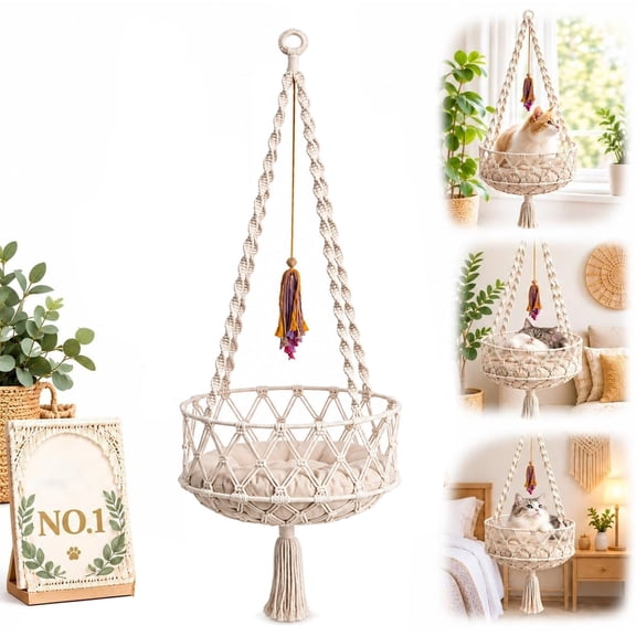 Boho Hanging Cat Bed, Macrame Cat Hammock with Removable Plush Cushion, Handwoven cotton-rope cat hammock with removable plush cushion for cozy elevated lounging in living rooms and window areas.