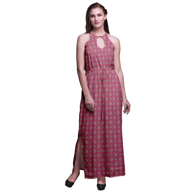 Bimba Ikat Robe Maxi à Col Rond et Taille Élastique avec Fentes Latérales pour Femmes Été - Très Grand