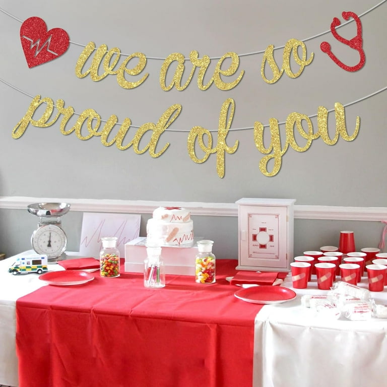 "There's A Doctor In The House" Graduation Banner – Silver & Red Glitter For Medical School Grad Party Decor