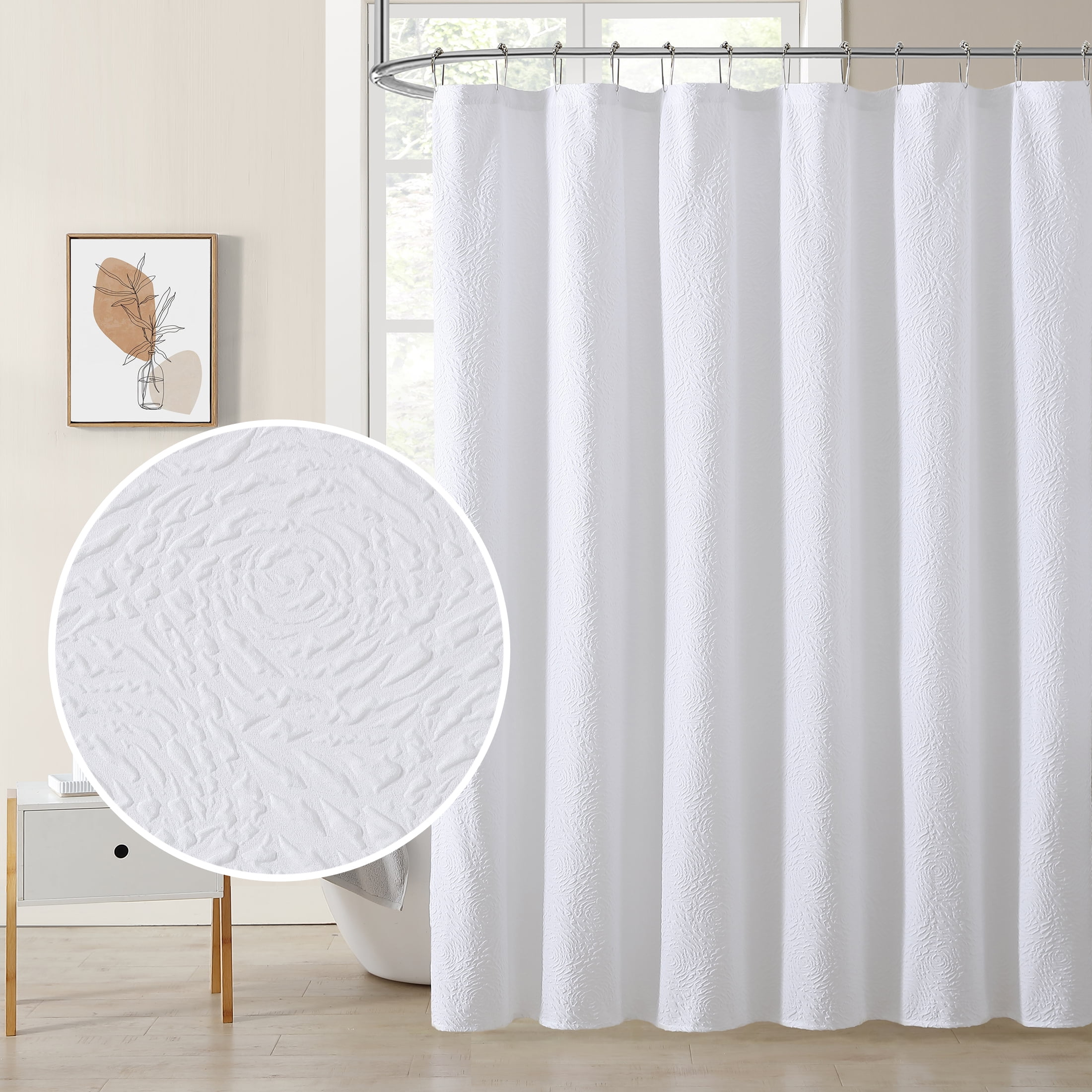 Floral Embossed Fabric Shower Curtain 72x72 All White Solid