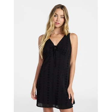 No Boundaries Cotton Lace Trim Plunge Mini Dress, Women's XXS-XXL