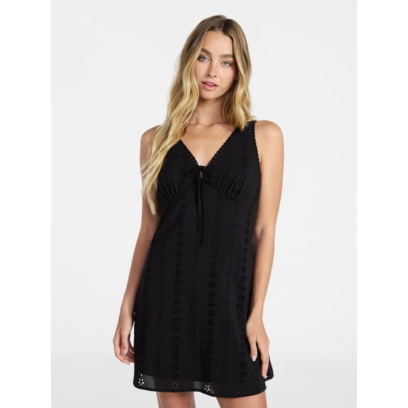 No Boundaries Cotton Lace Trim Plunge Mini Dress, Women's XXS-XXL