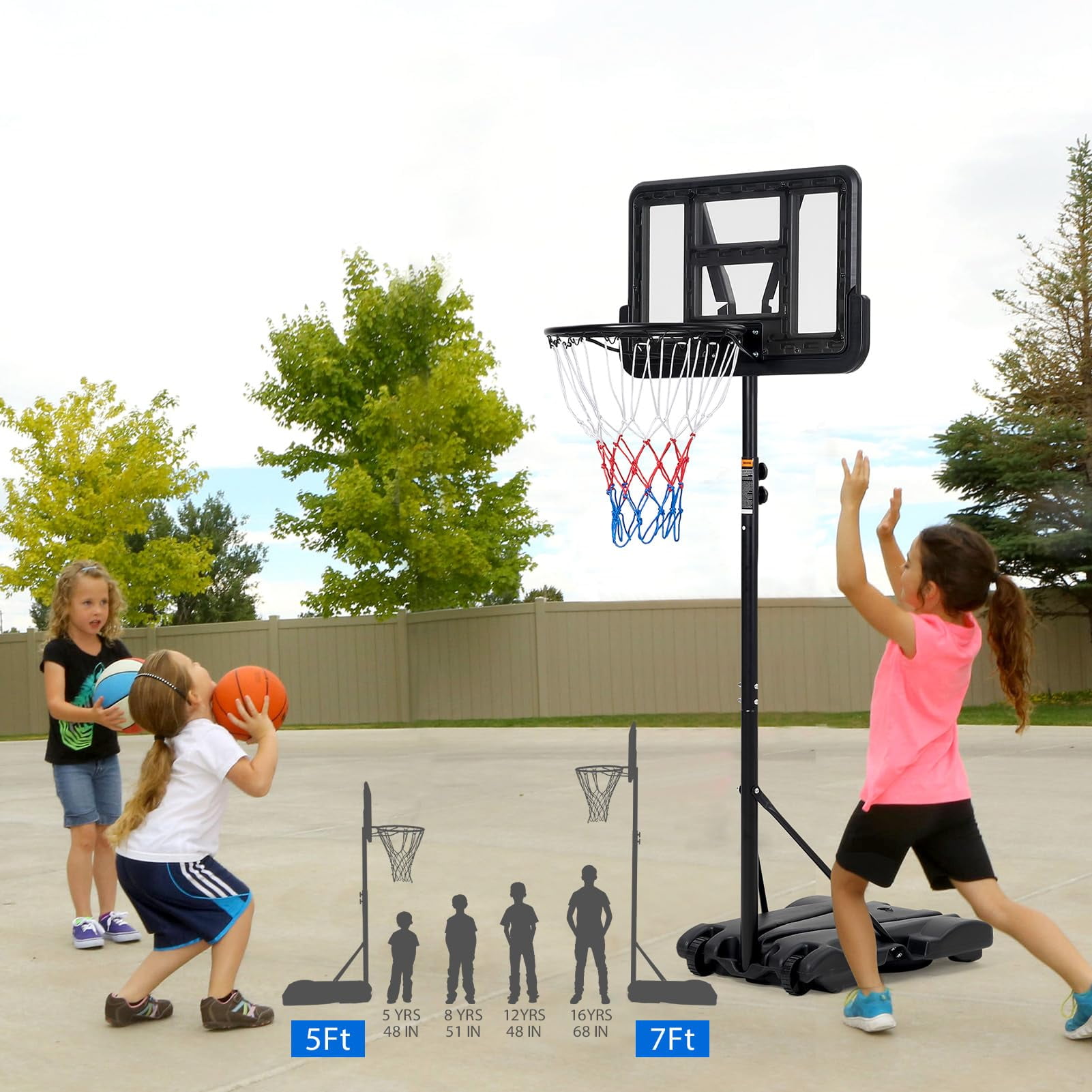 TROPOW Kids Basketball Hoop,Outdoor Portable Adjustable Basketball Goal System w/ 2 Wheels, 5-7 Ft Swimming Pool Basketball Hoop Outdoor 28in Backboard with Enlarged Base for Kids/Adults