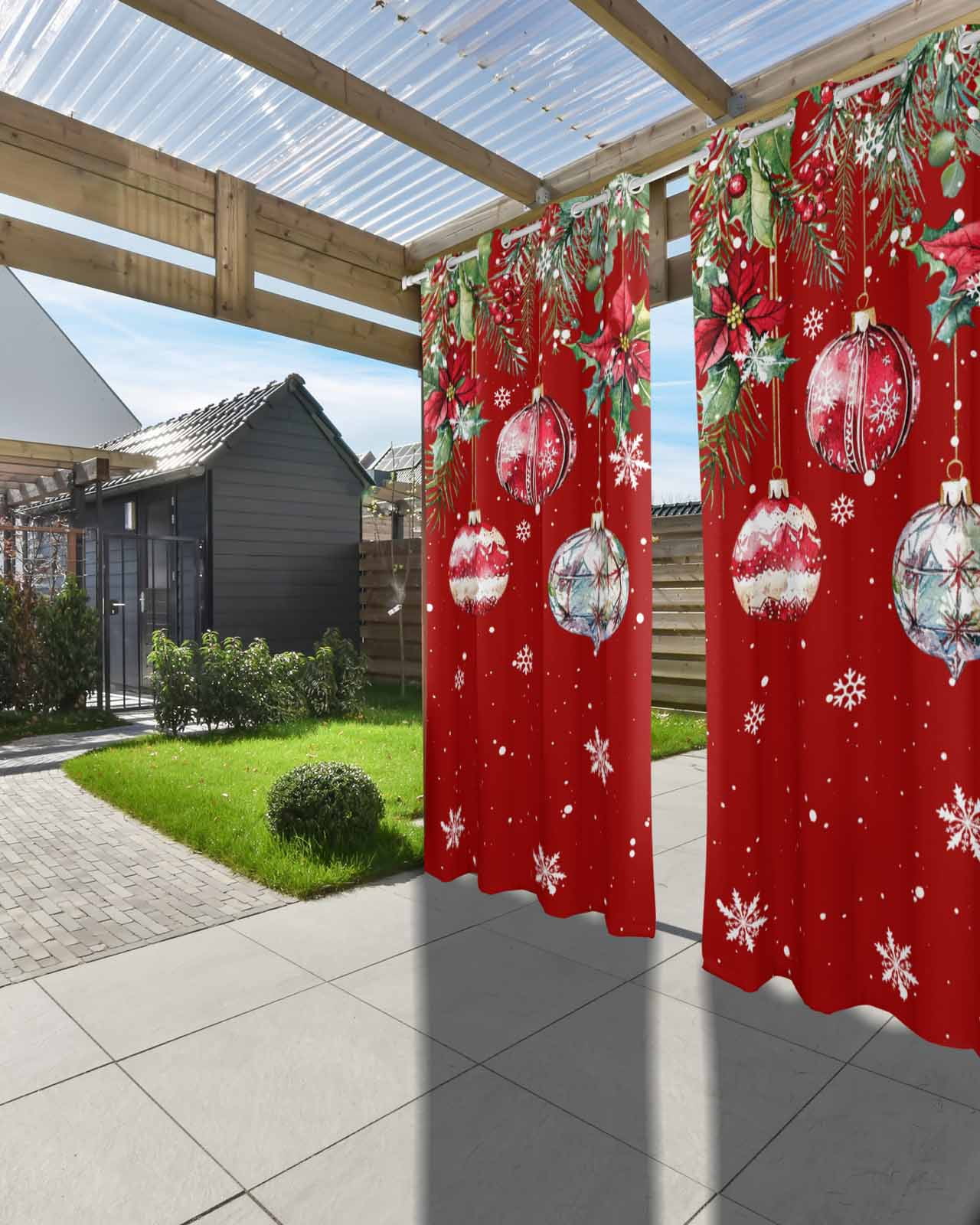 Outdoor Curtains for Patio, Red Christmas Balls Waterproof Blackout Outside Curtain for Porch/Pergola/Gazebo, Xmas Snowflake Botanical Thermal Insulated Drapes for Cabana, 1 Panel, 54 x 95 Inch