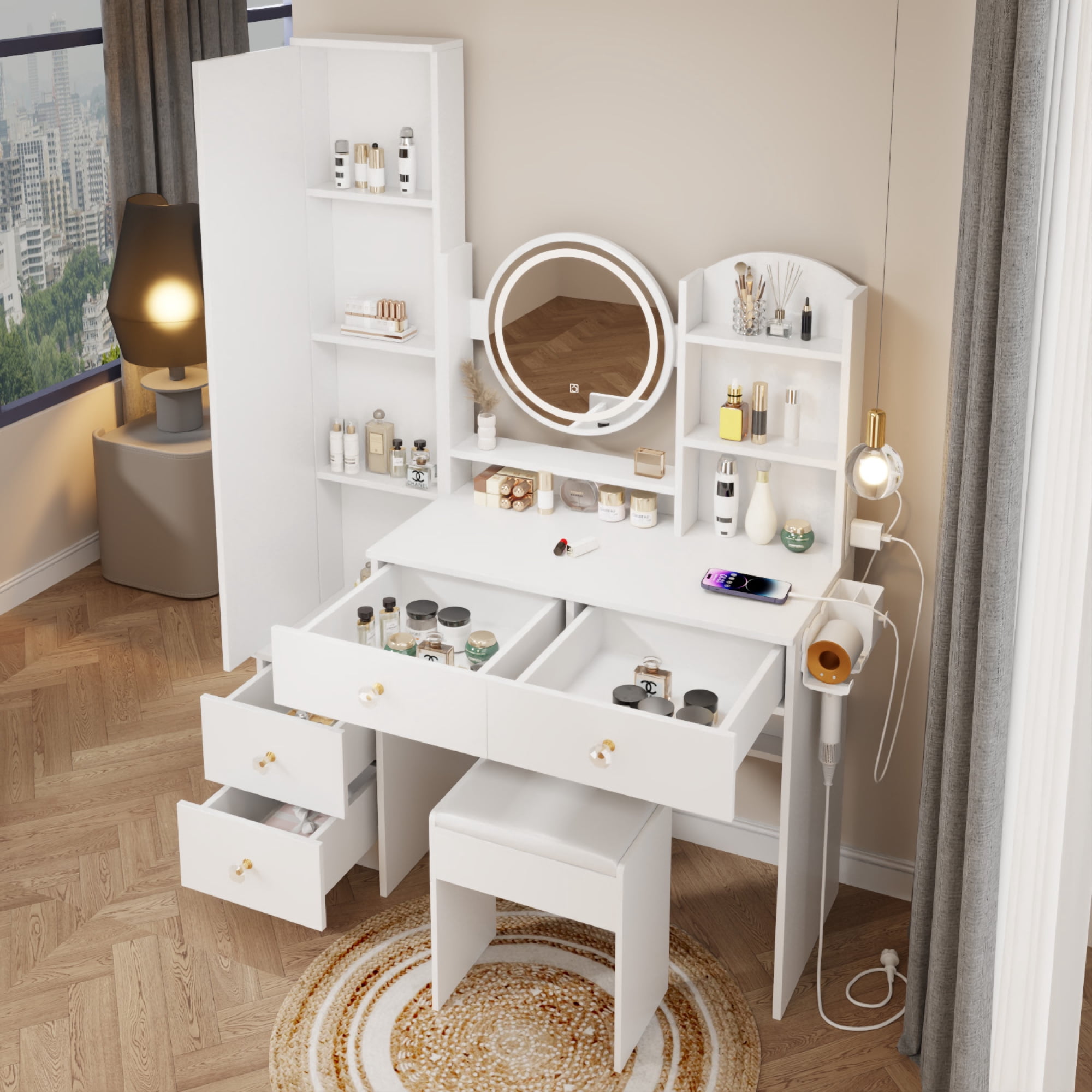 Mirror Cabinet Round Mirror LED Vanity Table Cushioned Stool with LED Mirror