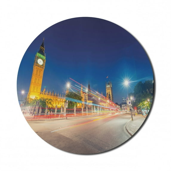 Urban Mouse Pad for Computers, Night View of Big Ben and Westminster Palace Parliament Square London England, Round Non-Slip Thick Rubber Modern Mousepad, 8" Round, Blue Grey Yellow, by Ambesonne