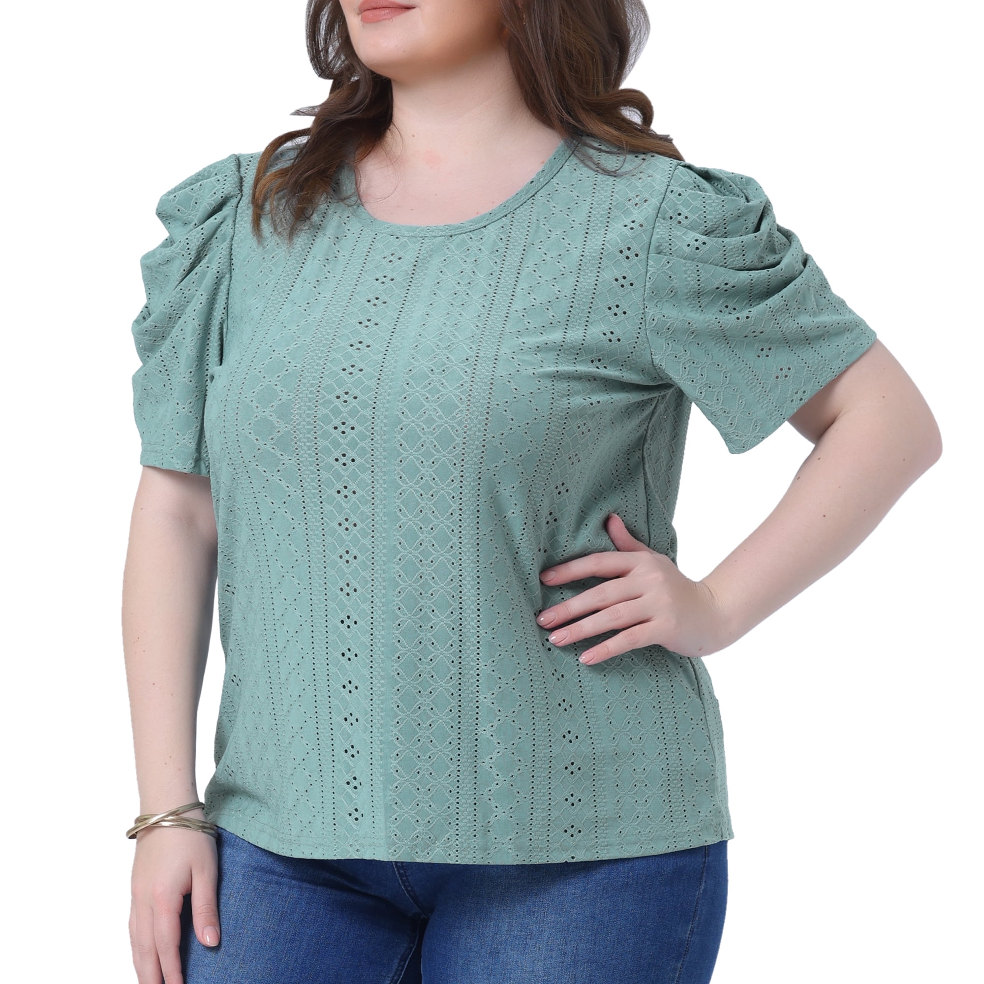 DARING DIVA Women's Plus Eyelet Embroidery Puff Sleeve Crew Neck Blouse 1X Green