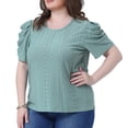 thumbnail image 2 of DARING DIVA Women's Plus Eyelet Embroidery Puff Sleeve Crew Neck Blouse 1X Green, 2 of 6