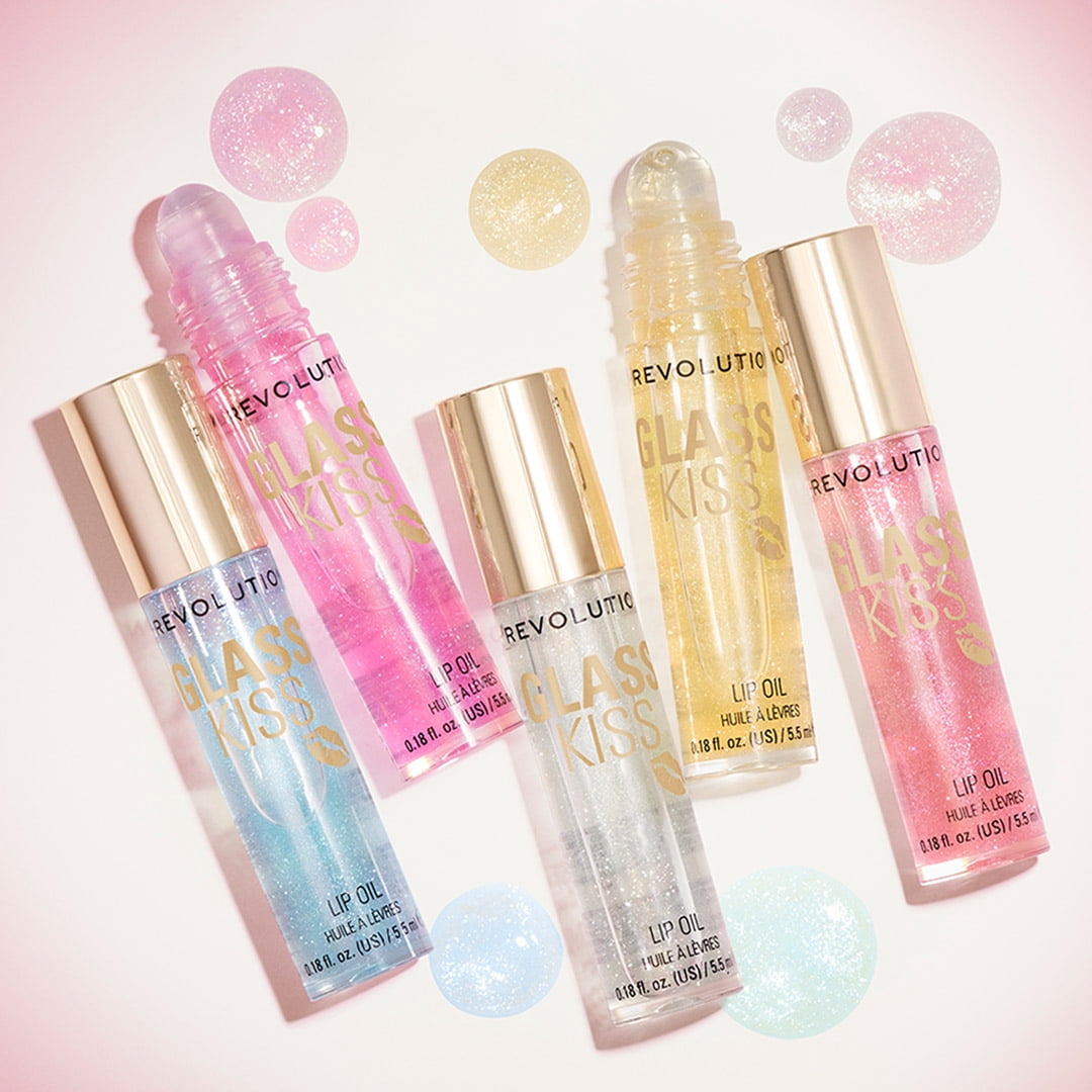 Revolution Glass Kiss Roller Ball Lip Oil, Shimmer Finish, Non-Stick, Enchanted