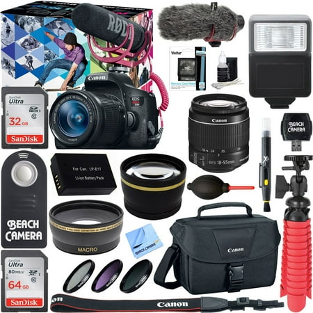 Pro Series Camera Bag - Canon EOS Rebel T6i Digital SLR Camera Video Creator Kit 18-55mm Zoom Lens, Rode Video Mic, 32GB + 32GB SDXC Memory Bundle + Pro Wide Angle Lens + 2x Telephoto Lens Converter +Extra Battery+DSLR Bag