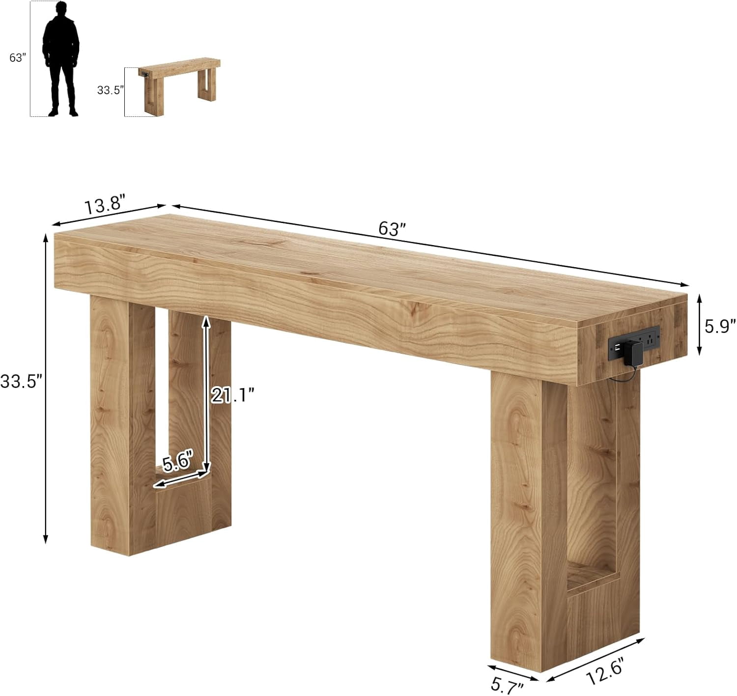iSunirm 63" Farmhouse Console Table with Power Outlets and Sensor Light, Wooden Narrow Entryway Table with Storage for Entrance, Hallway, Living Room