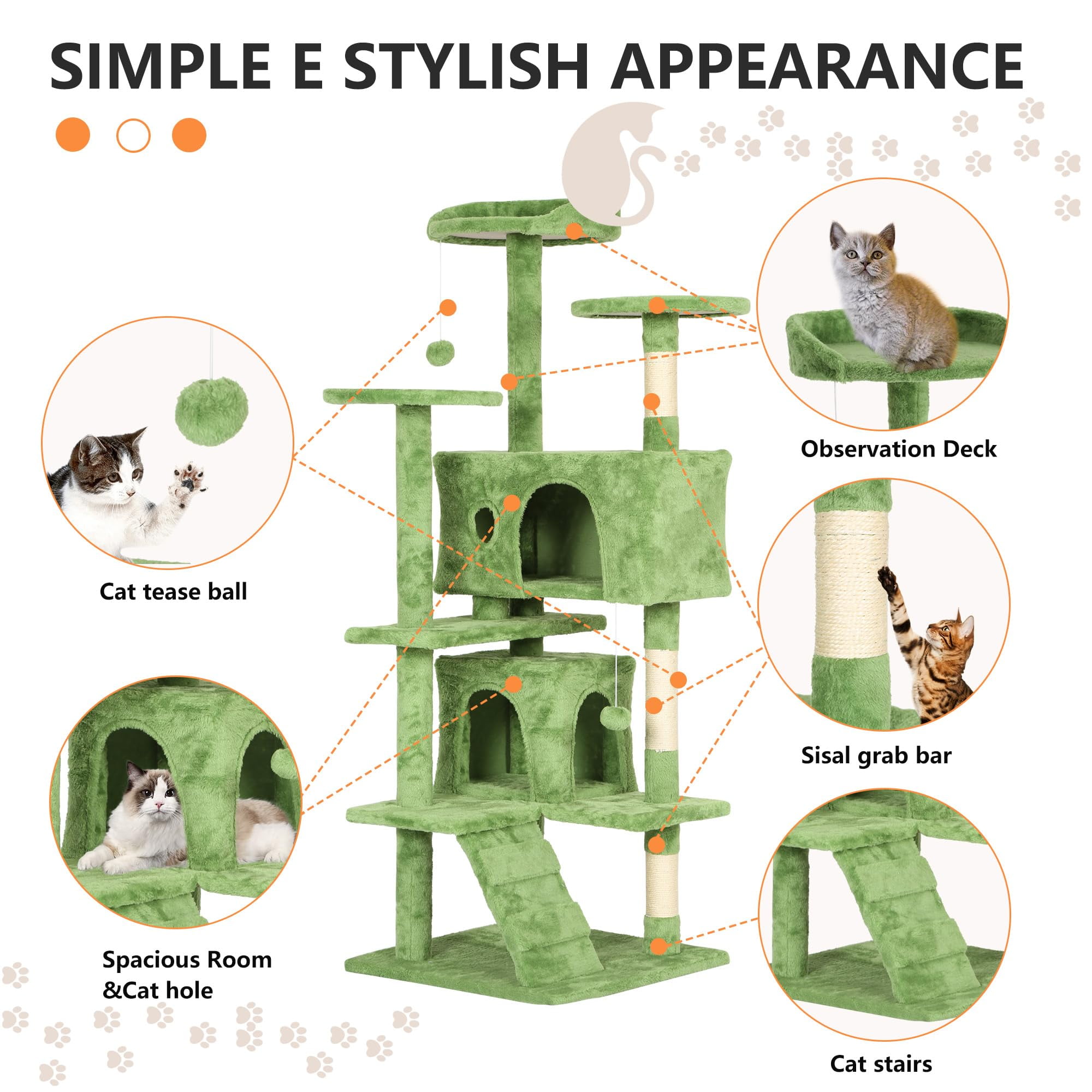 YRLLENSDAN 54 inch Tall Cat Tree Tower for Indoor Cats, Large Cat Tower with Scratching Post, Cat Climbing Tower with Cat Tree House, Sturdy Cat Condo, Green