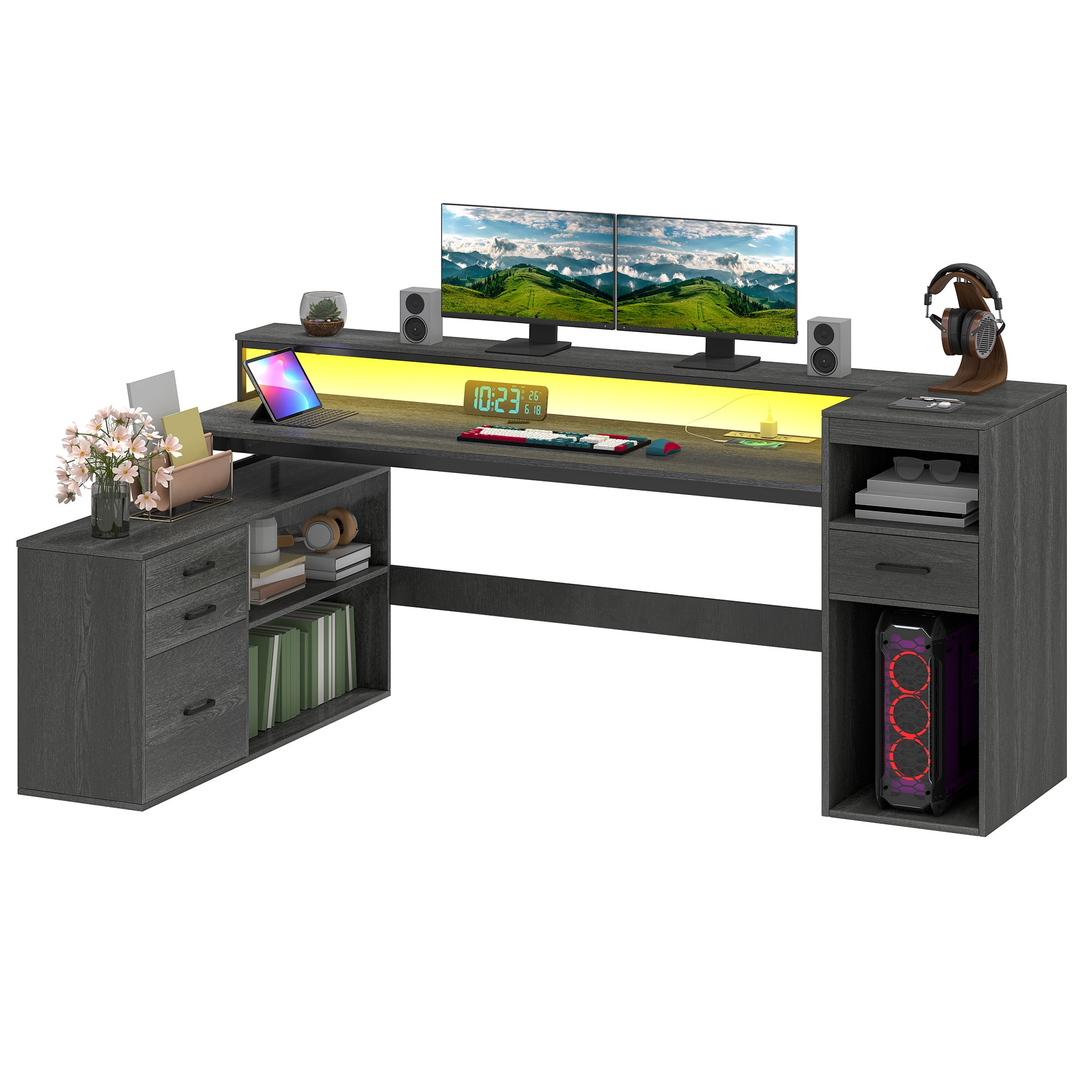 Dextrus L Shaped Computer Desk, 59" Gaming Table with Power Outlet & LED Light & Monitor Stand for Home Office,Gray