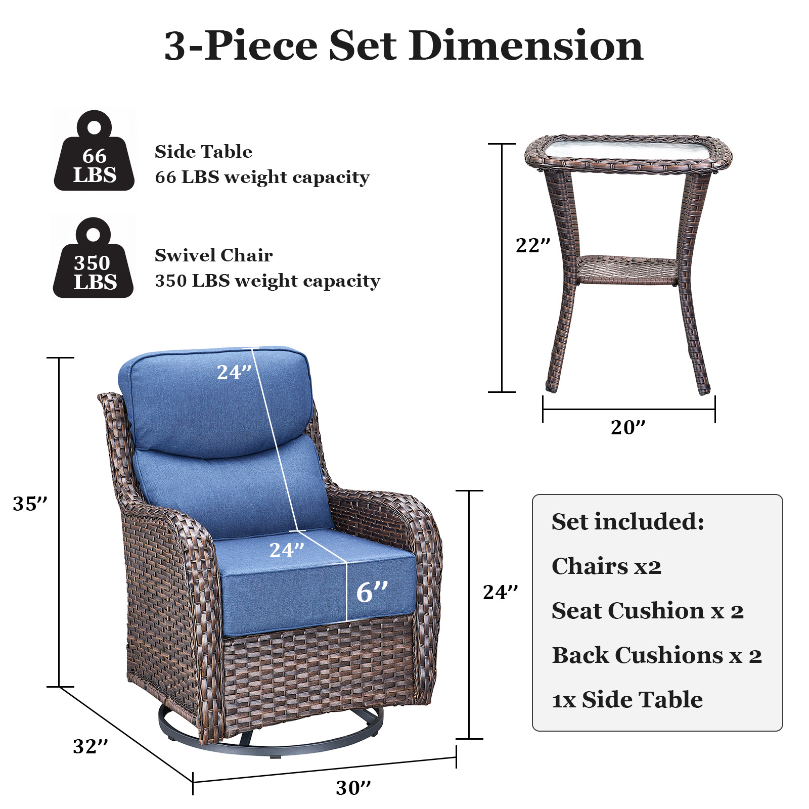 Planntonneo 6-Piece Patio Furniture Set - Wicker Swivel Glider Chairs with 6-Inch High-Resilience Cushions and Side Table, Brown/Blue