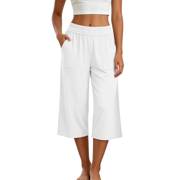 StSilkitty Womens Casual Capris Solid Color High Waist Elastic Wide Leg Cropped Pants with Pockets Soft Comfy Capri Trousers