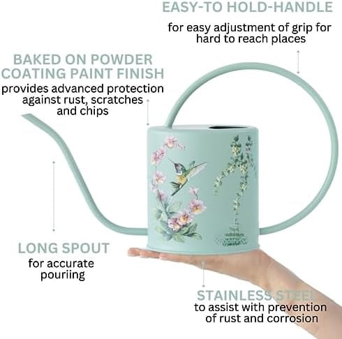 Watering Can for Indoor House Plants - Cute Decorative Metal Gardening Small Water Can for Houseplants & Flowers with Long Spout - 1.5L 51floz 0.4 Gallon (Hummingbird Sage)