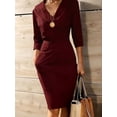 thumbnail image 4 of Women'S Work Dress 3/4 Sleeve V Neck Bodycon Sheath Dress Zipper Up Office Business Dresses with Belt Wine Red S, 4 of 5