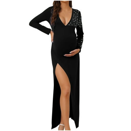 

Honeeladyy Discount Ladies Fashion Solid Color Long Sleeves V-Neck Rhinestones Dress Photography Party Dress Long Skirt