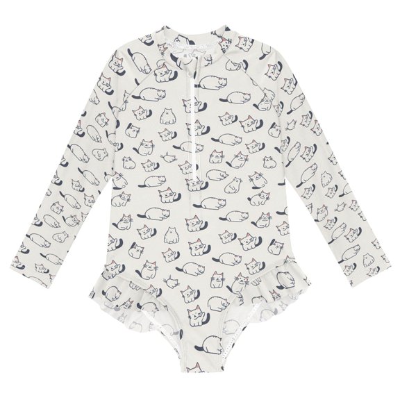 Cat White One-Piece Swimsuit Long Sleeve UV Sun Protection UPF50 Rashguard Front Zip Quick-Dry Swimwear for 3-12 Years