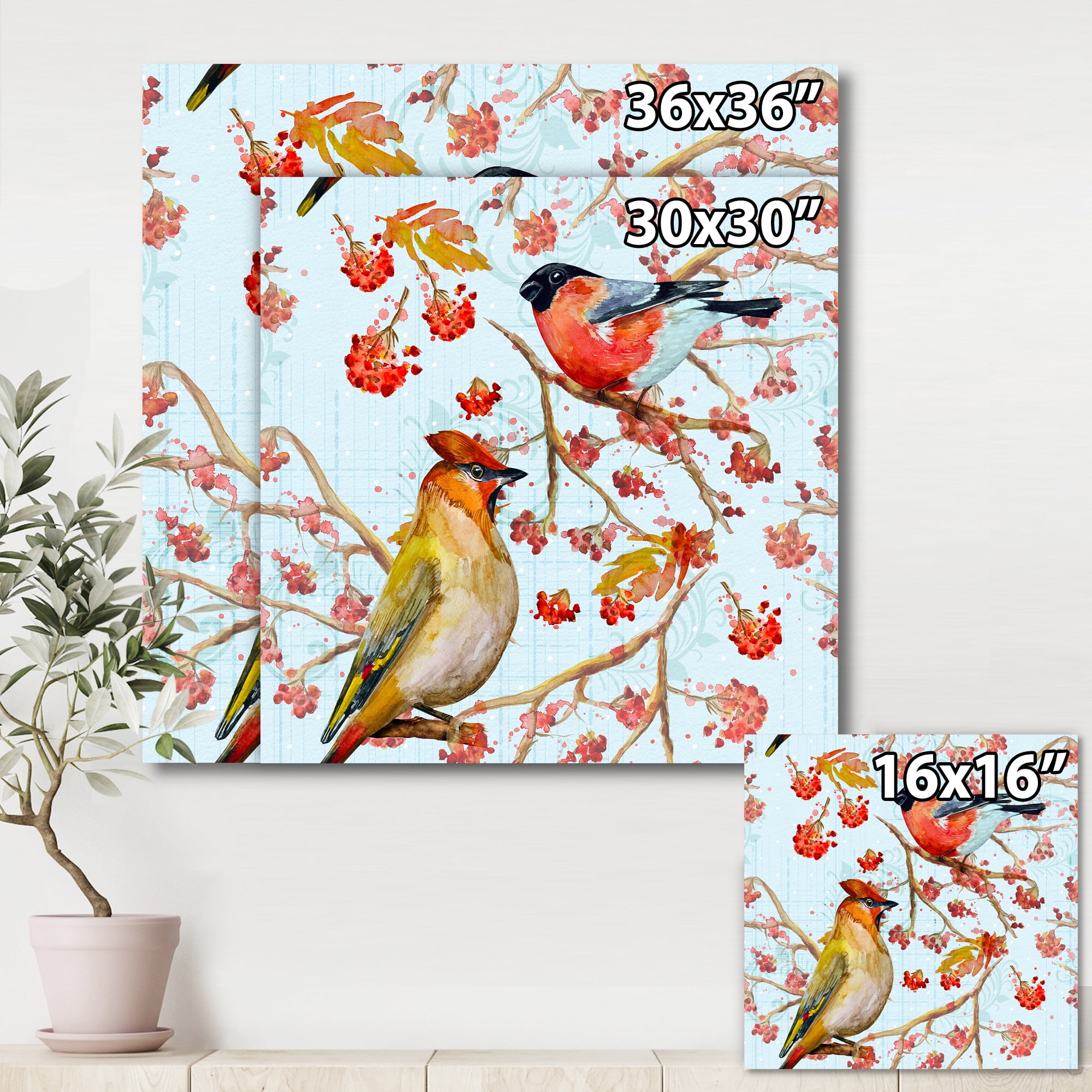 Two Birds Sitting On Branches During Autumn 16 in x 16 in Painting Canvas Art Print, by Designart