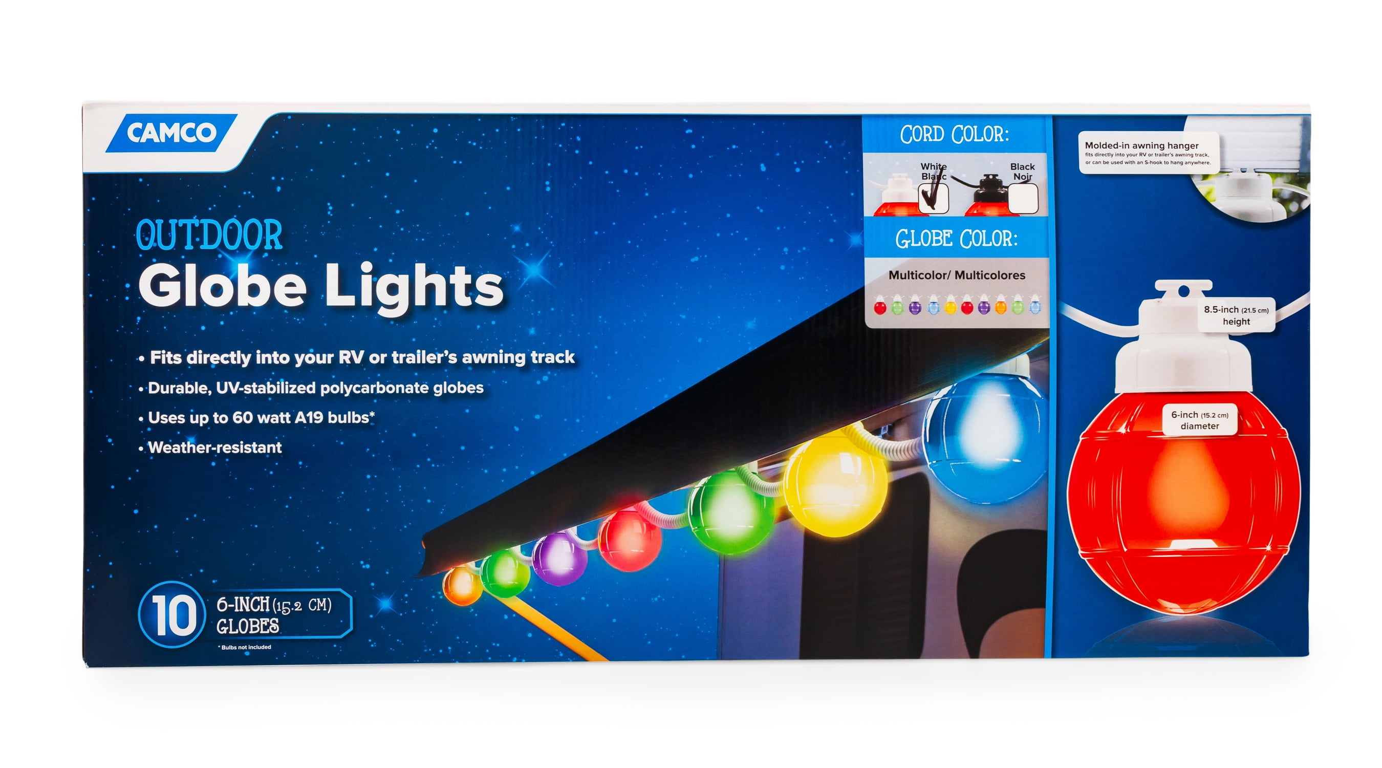 Camco Decorative RV Awning Globe Lights 10 Multicolor Globes on White