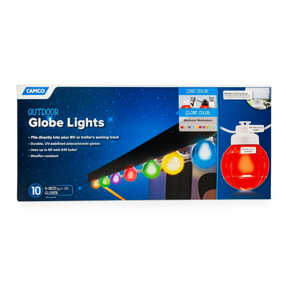 Camco Decorative RV Awning Globe Lights 10 Multicolor Globes on White Wire, Fits Directly into