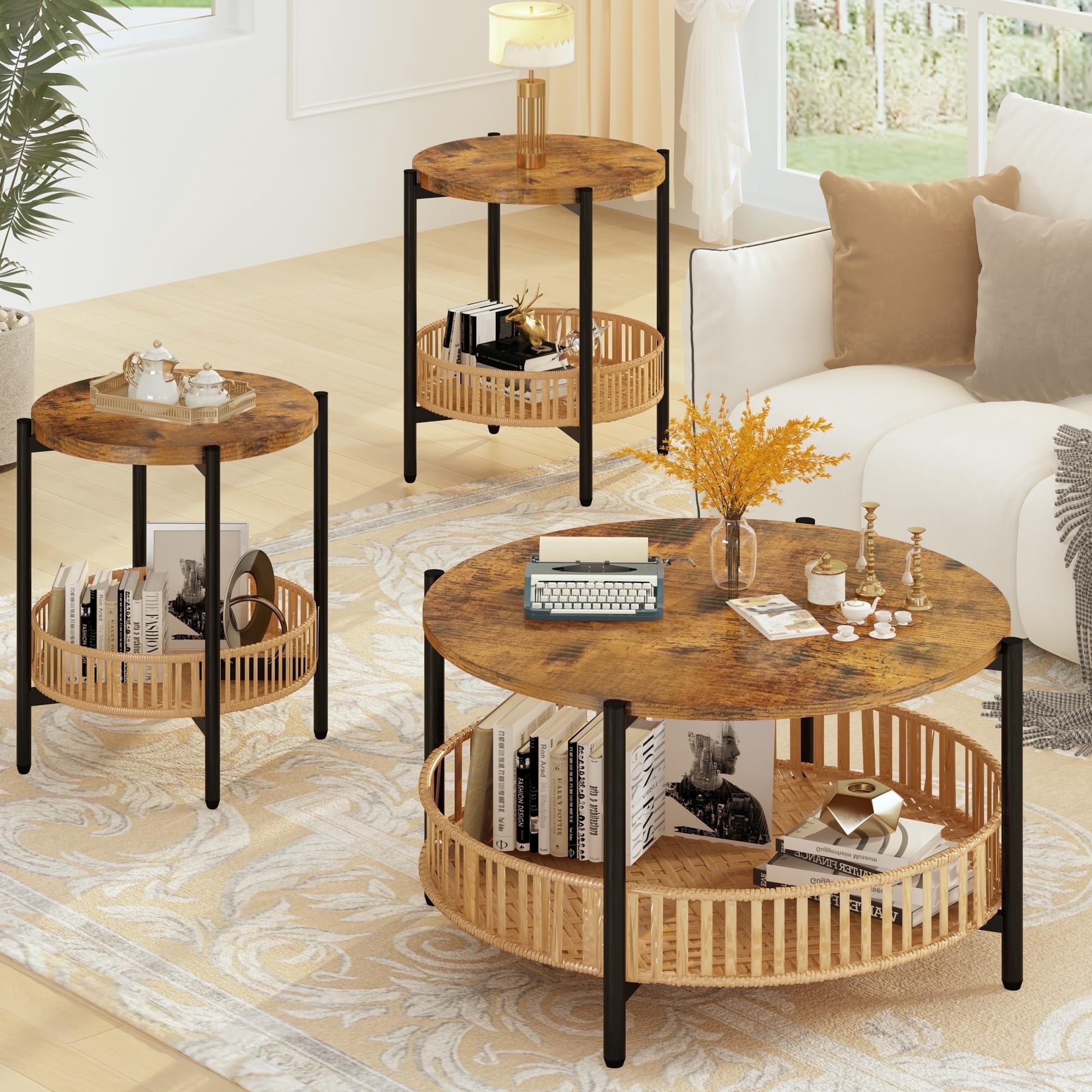 Furlinkhm 3-Piece Coffee Table Set with Rattan Storage, Round Wood Coffee Table and End Tables for Living Room, Boho Farmhouse Style Side Tables with Metal Frame, Brown