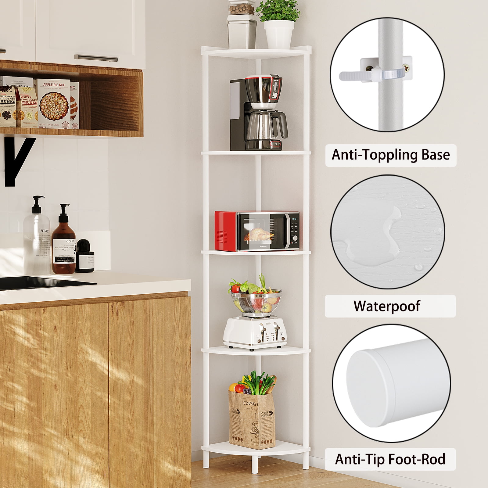 SUNMORY 65" Corner Shelf Stand, 5-Tier Industrial Corner Shelves, Wall Corner Bookshelf, Display Shelf Tall Shelf Plant Stand for Bedroom, Bathroom, Living Room, Corridor