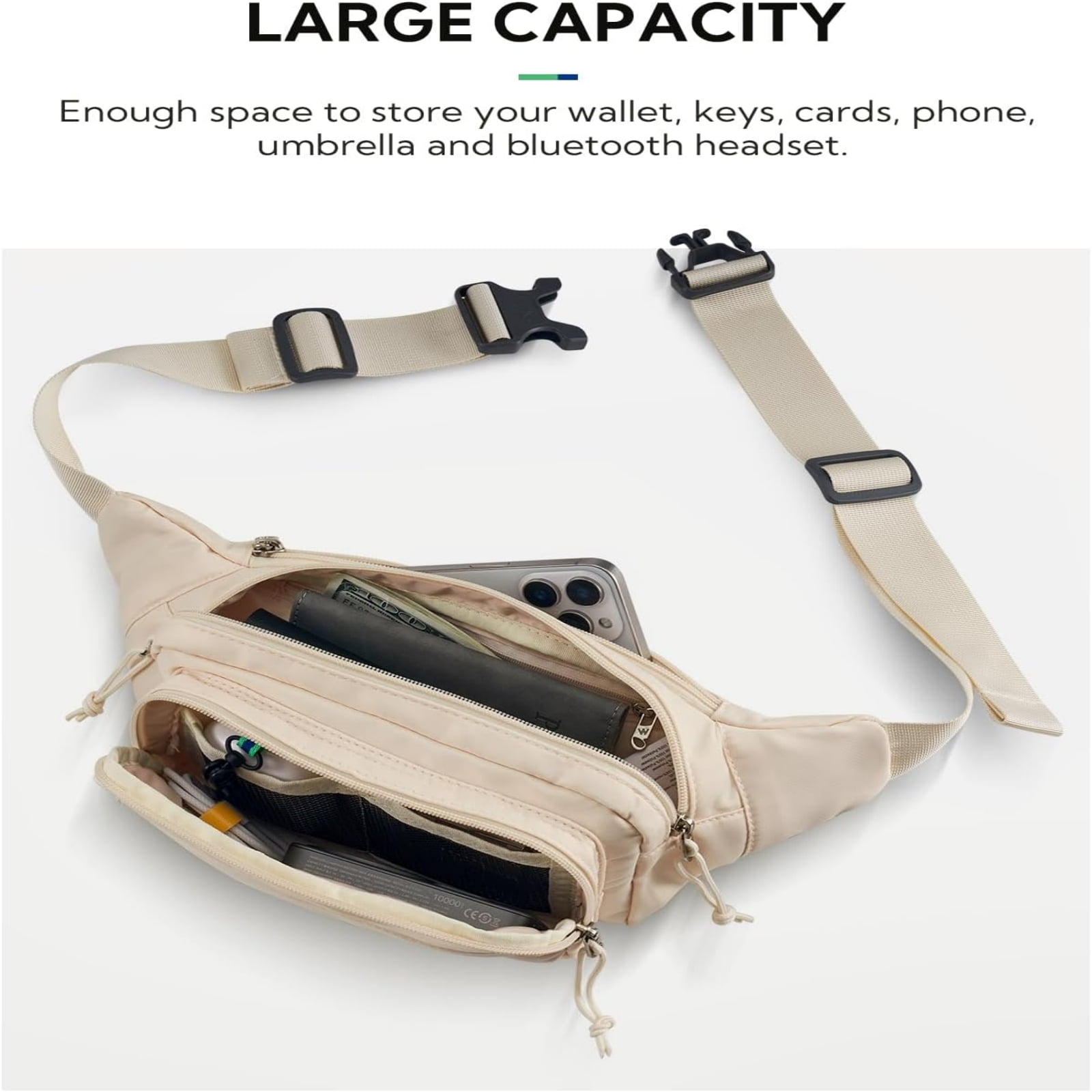 WATERFLY Unisex Large Capacity Running Walking Travel Nylon Fanny Pack Waist Bag,Beige