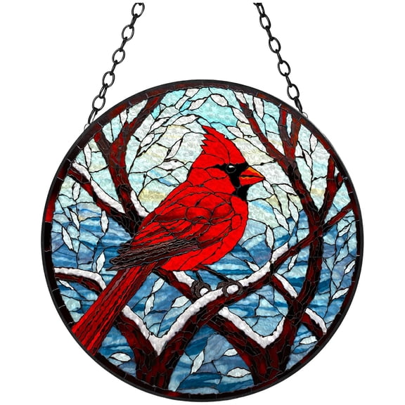 Red Cardinal on Snow Branch Stained Glass Suncatcher Handmade Window Hangings Colored Glass Suncatcher Crafts Kits for Indoor Garden Christmas Decoration 16x16cm(10)