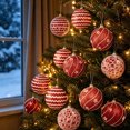 thumbnail image 6 of Kokovifyves 9Pcs 3.15" Red White Glitter Christmas Ball Ornaments Set with Hanging Loops,3 Styles Star Wave Lace Hanging Baubles for Xmas Tree Holiday Decor, 6 of 8
