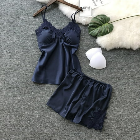 

LINMOUA Womens Sleepwear Womens Sexy Satin Sling Sleepwear Lingerie Lace Nightdress Underwear Set Navy L