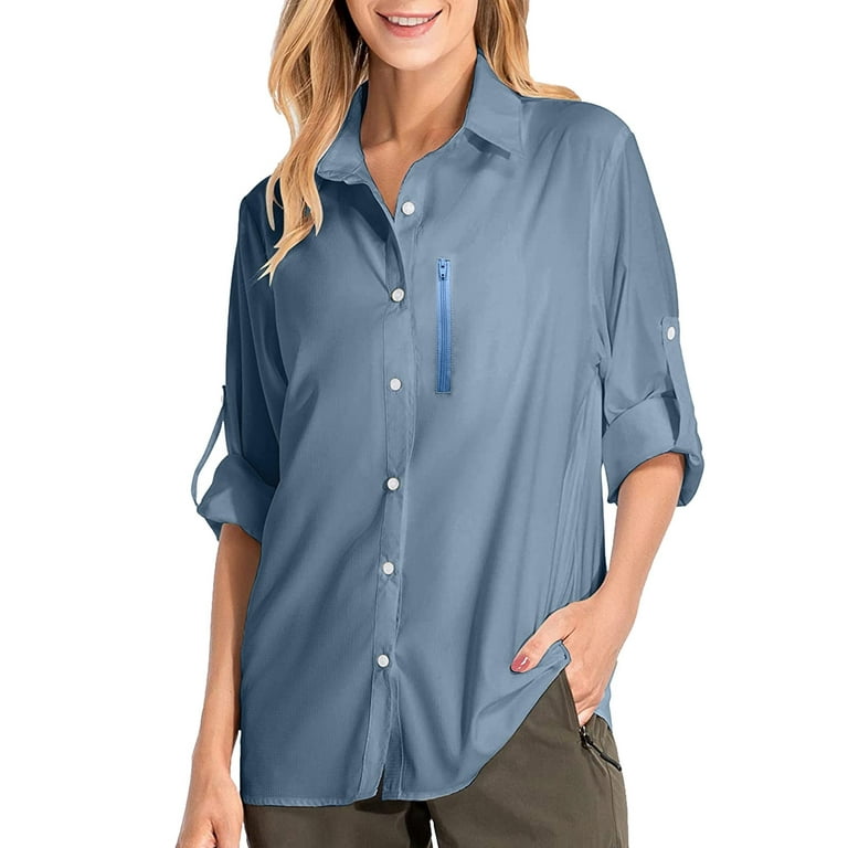 Women's Tops UPF 50+ Sun Long Sleeve Outdoor Cool Quick Dry Fishing Hiking Button Down Blouse Shirts for Women, Size: Large, Blue