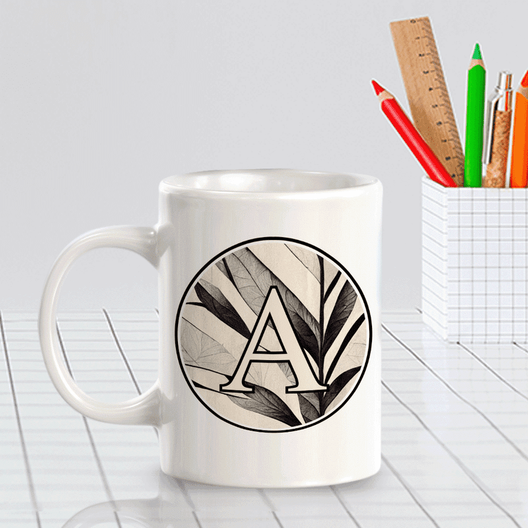 A 11oz Black and White Alphabet Monogrammed Initial Ceramic 11oz Coffee Mug