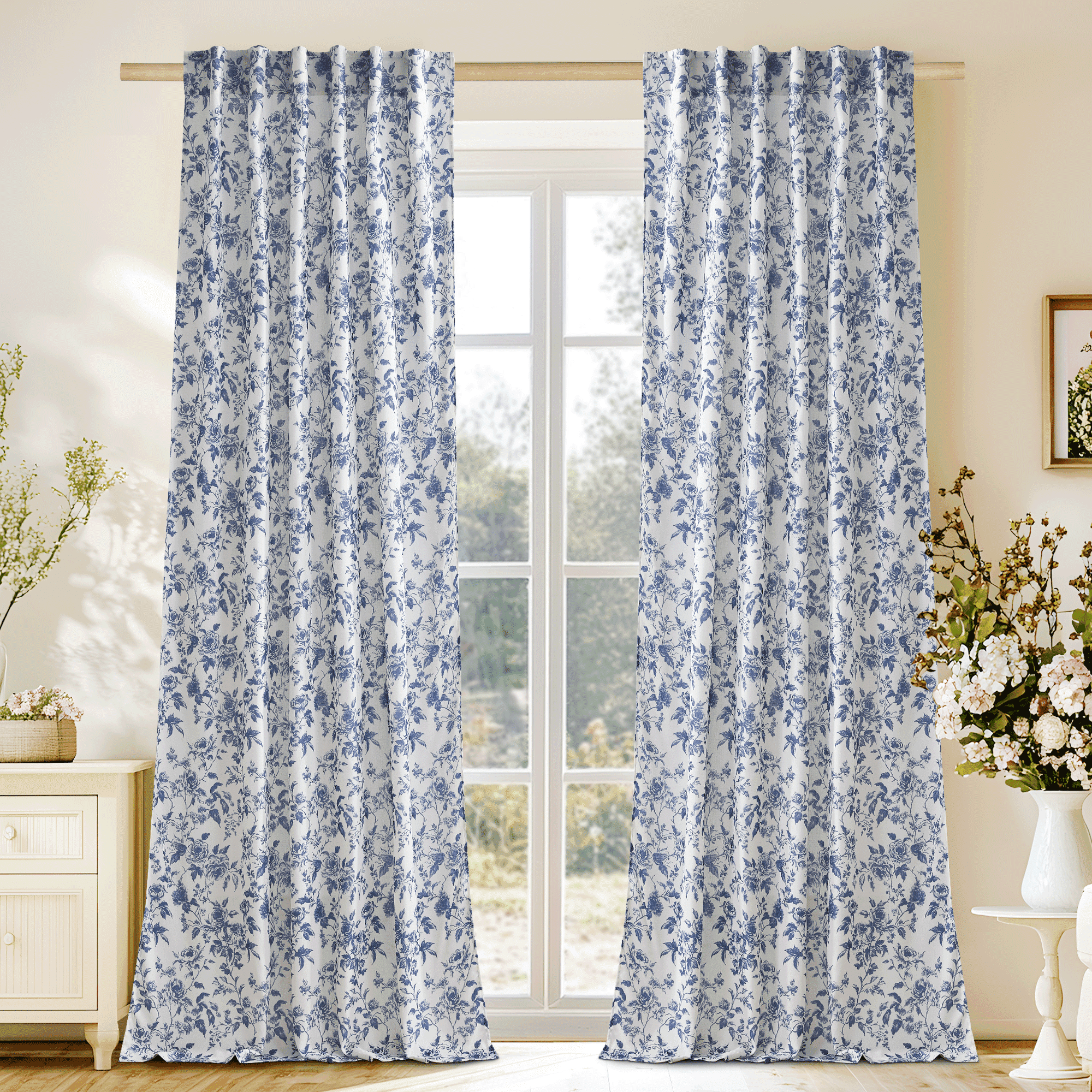 NICETOWN Floral Curtains for Living Room, Semi Sheer Linen Curtains Light Filtering Farmhouse Back Tab Window Drapes, Blue, 52"x84", 2 Panels