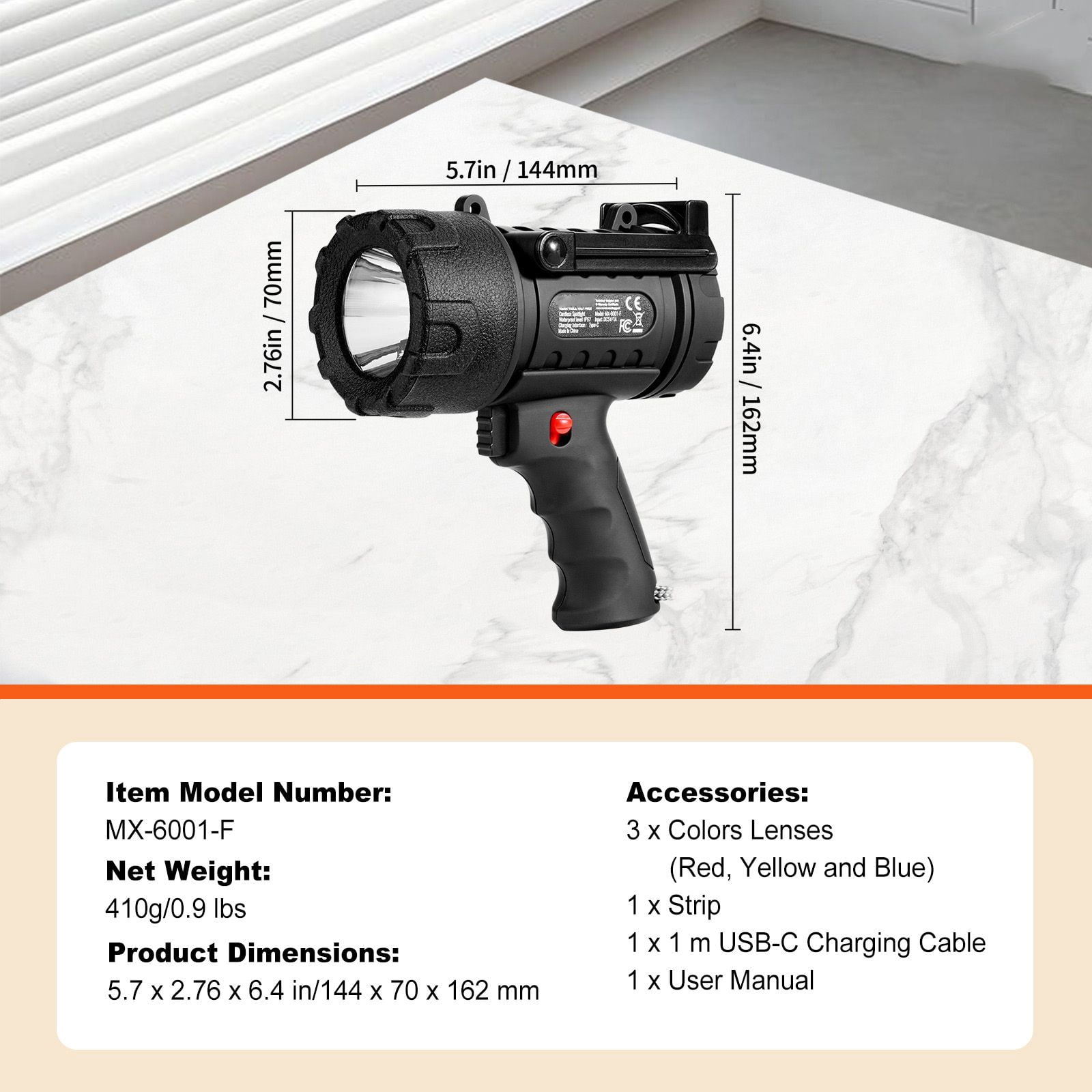 Rechargeable Cordless LED Spotlight 200000 Lumens, 350m Beam Portable Flashlight, High Power Handheld Light for Camping Hunting Emergency