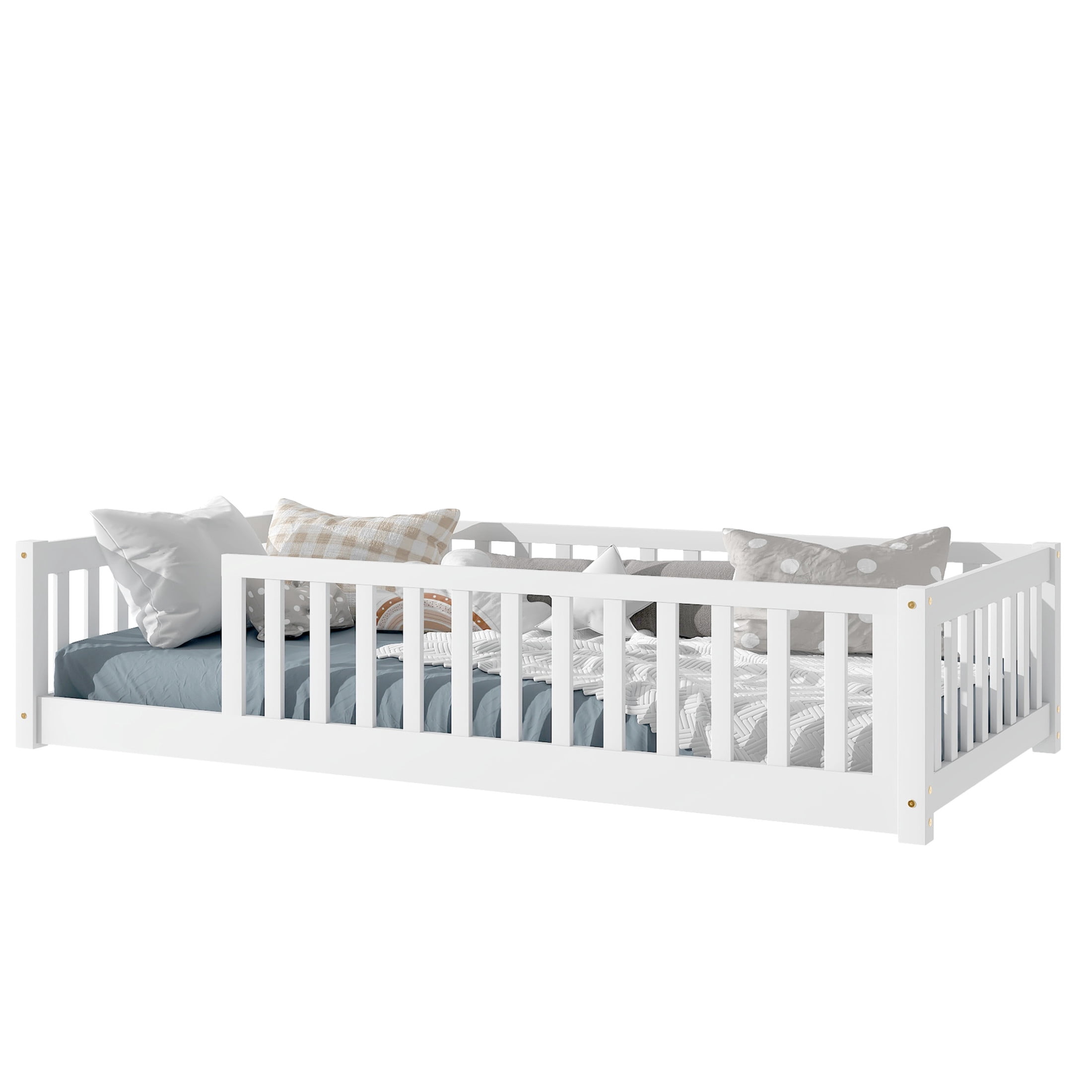 Noble House Nira Twin Size Floor Bed with High Fence, Sturdy Rubber Wood Montessori Bed, Kid's Room, White