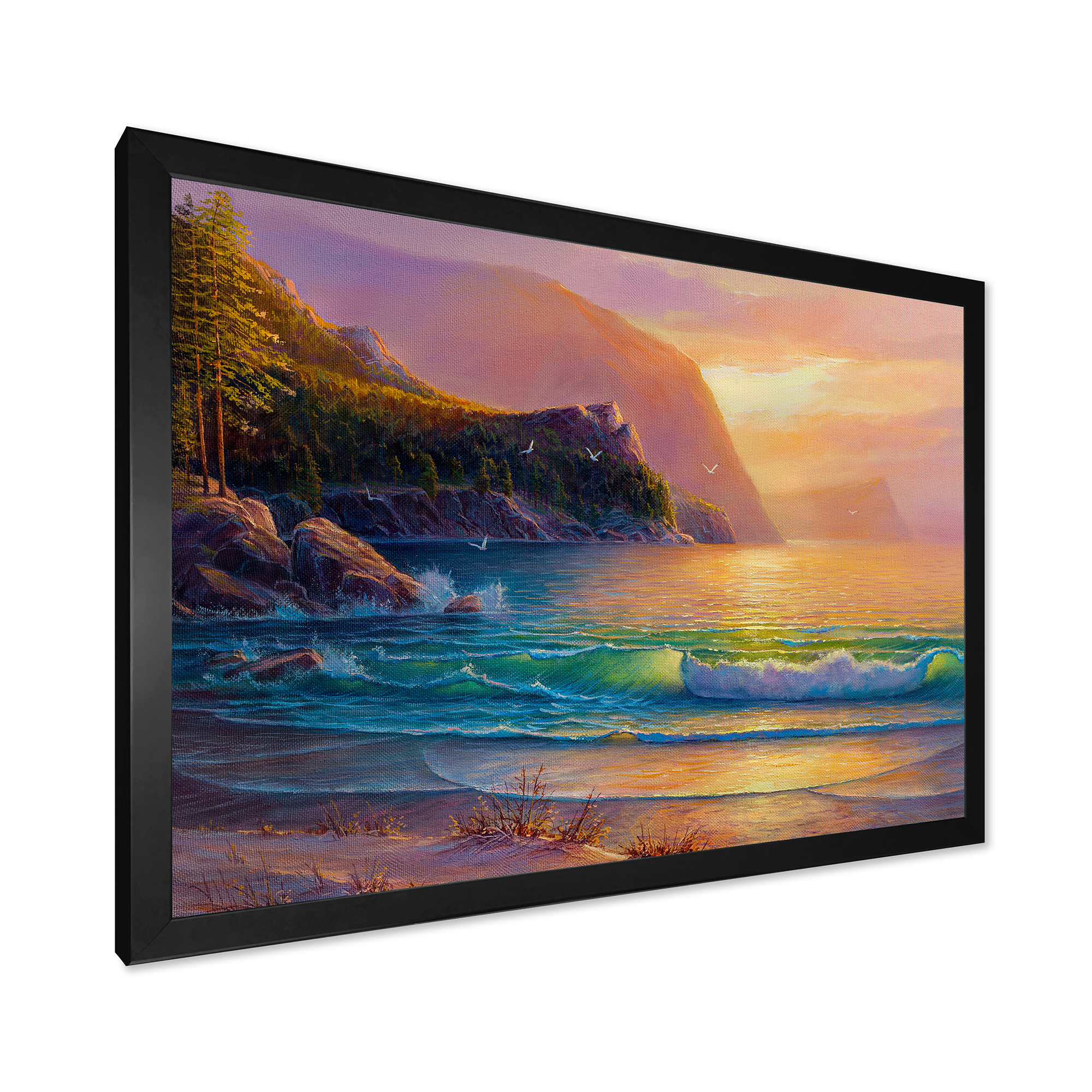 Romantic Beach During Warm Evening 32 in x 24 in Framed Photography Canvas Art Print, by Designart