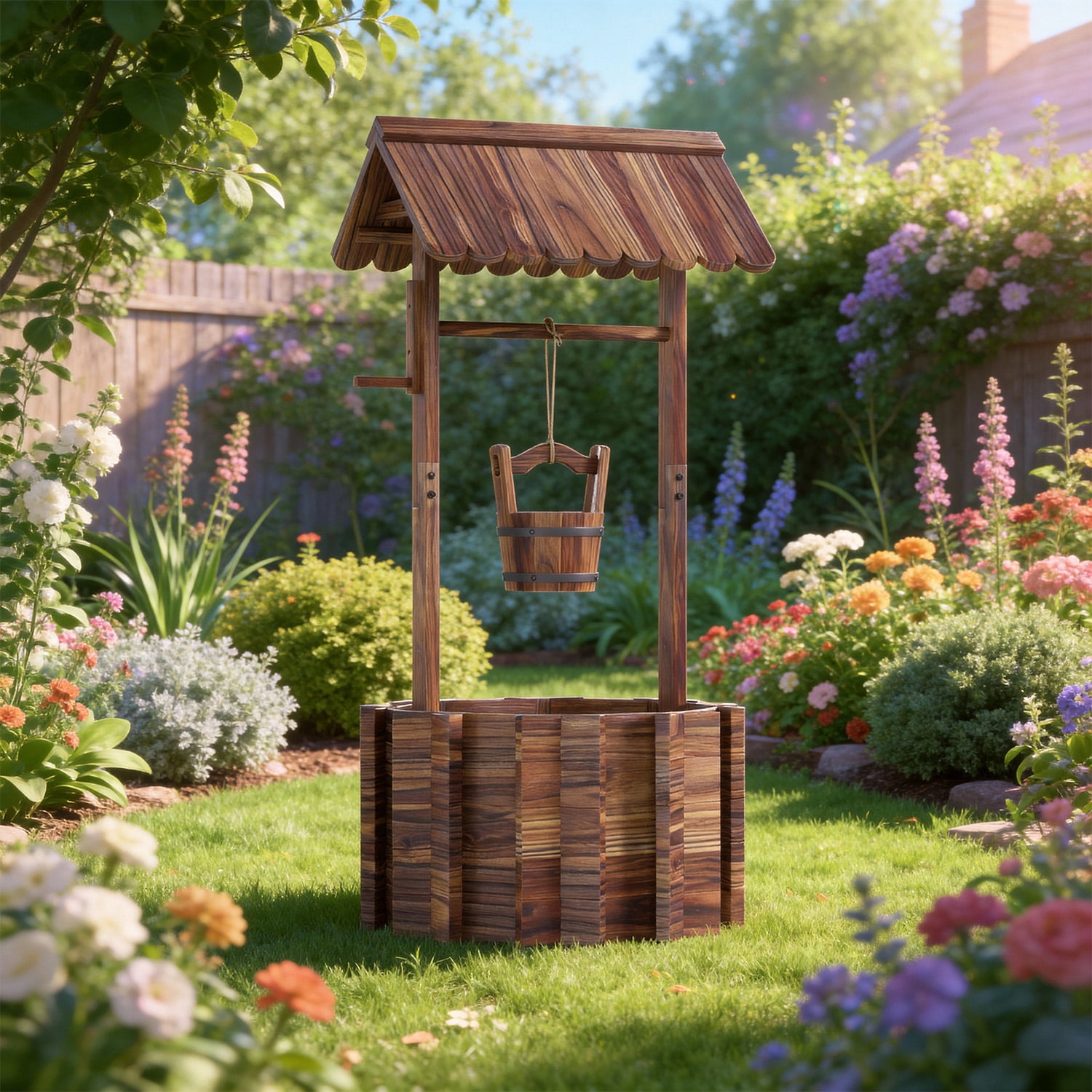 Cloddwell 25" Wooden Wishing Well Planter with Hanging Bucket, Drain Holes, Outdoor Garden Yard Decor Home