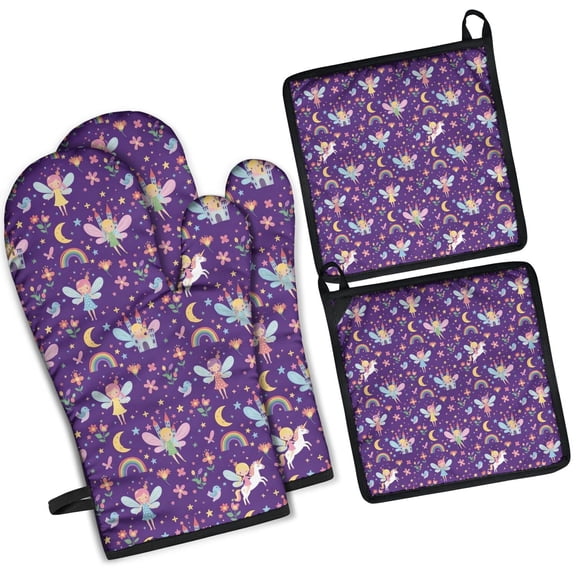 Purple Fairy Unicorn Pattern Kitchen Oven Mitt and Pot Holder Sets 2 Pcs for Baking, Cooking and Grilling, Heat Resistant Up To 392 °F
