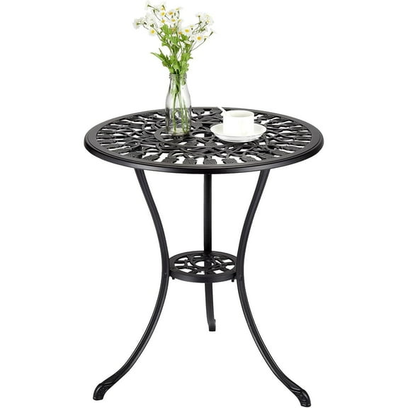 Roromall 23.4" Round Patio Bistro Table, Outdoor Coffee Table with 2" Umbrella Hole & Vintage Floral Pattern, Cast Aluminum Side Table for Garden, Porch, Backyard, Black
