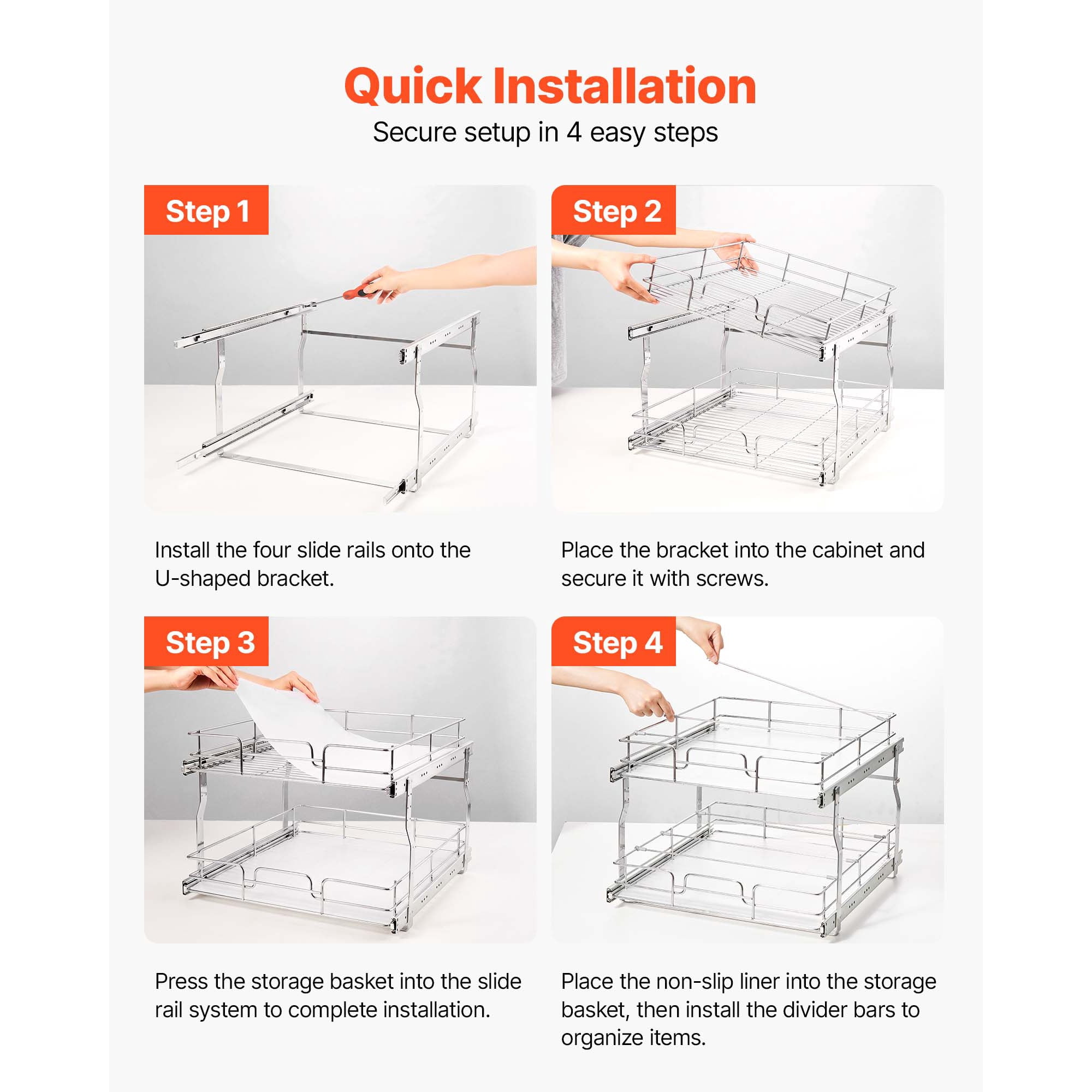 KFFKFF 2-Tier Pull-Out Cabinet Organizer, 20"W x 21.22"D Sliding Drawers for Kitchen, Bathroom, or Pantry Storage, Chrome-Plated Finish, Durable Steel Shelving for Base Cabinets