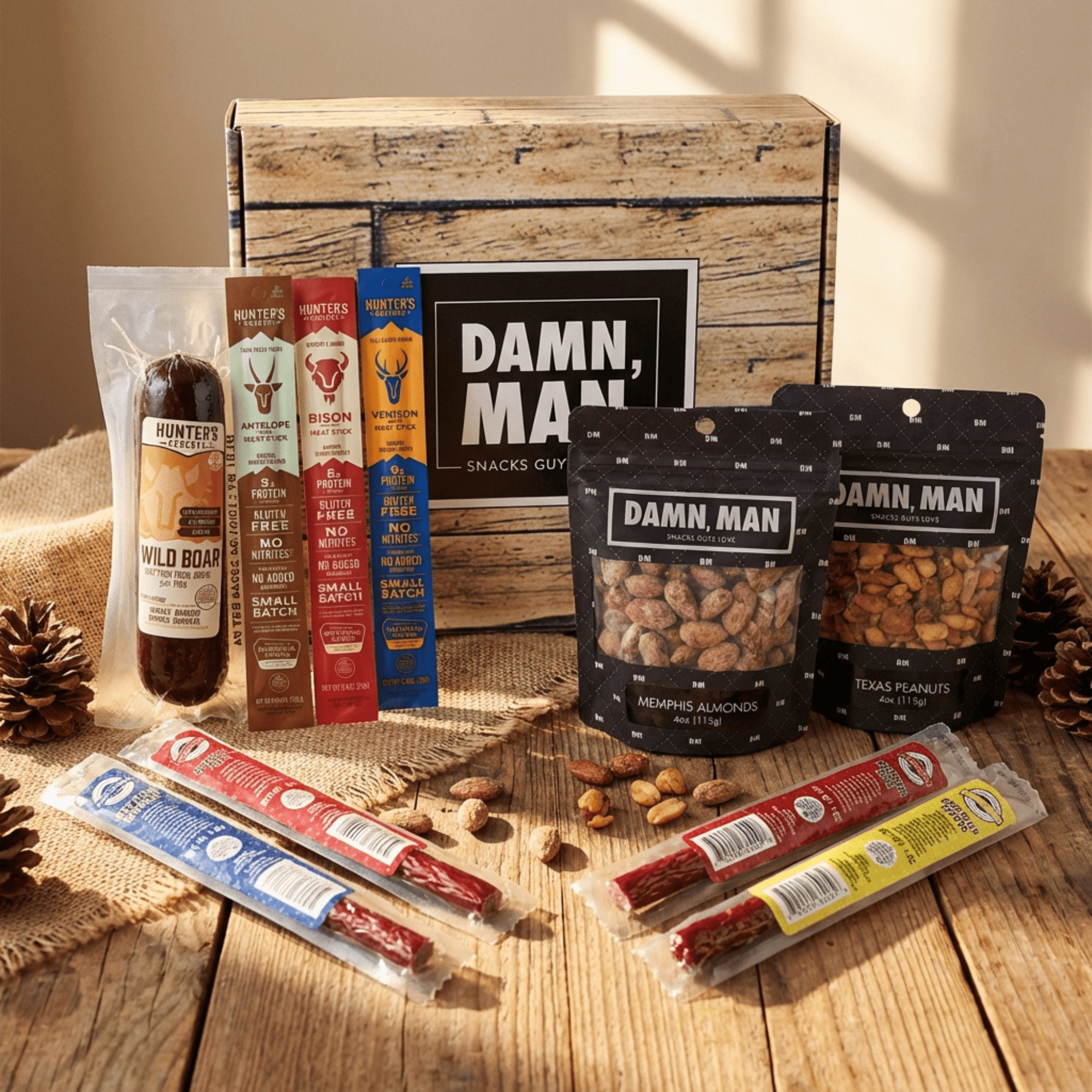 Damn Man Wild Game and BBQ Nut Box Beef Sticks and Sausage Box Set, 11 Count, 18.7 oz