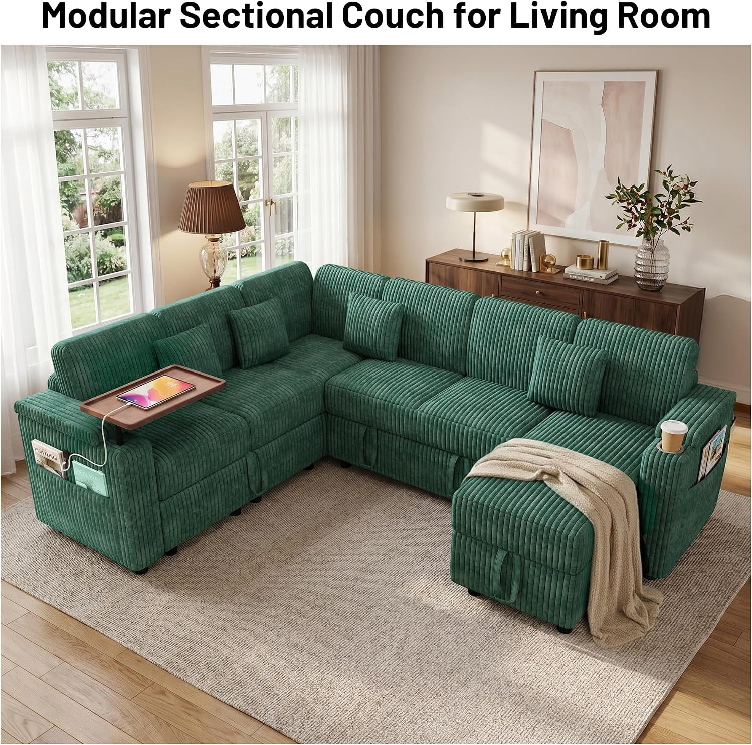 100 Inch U Shaped Pull Out Sofa Bed, Soft Corduroy Sleeper Sofa with USB Ports, Cup Holder, Table Board and Storage