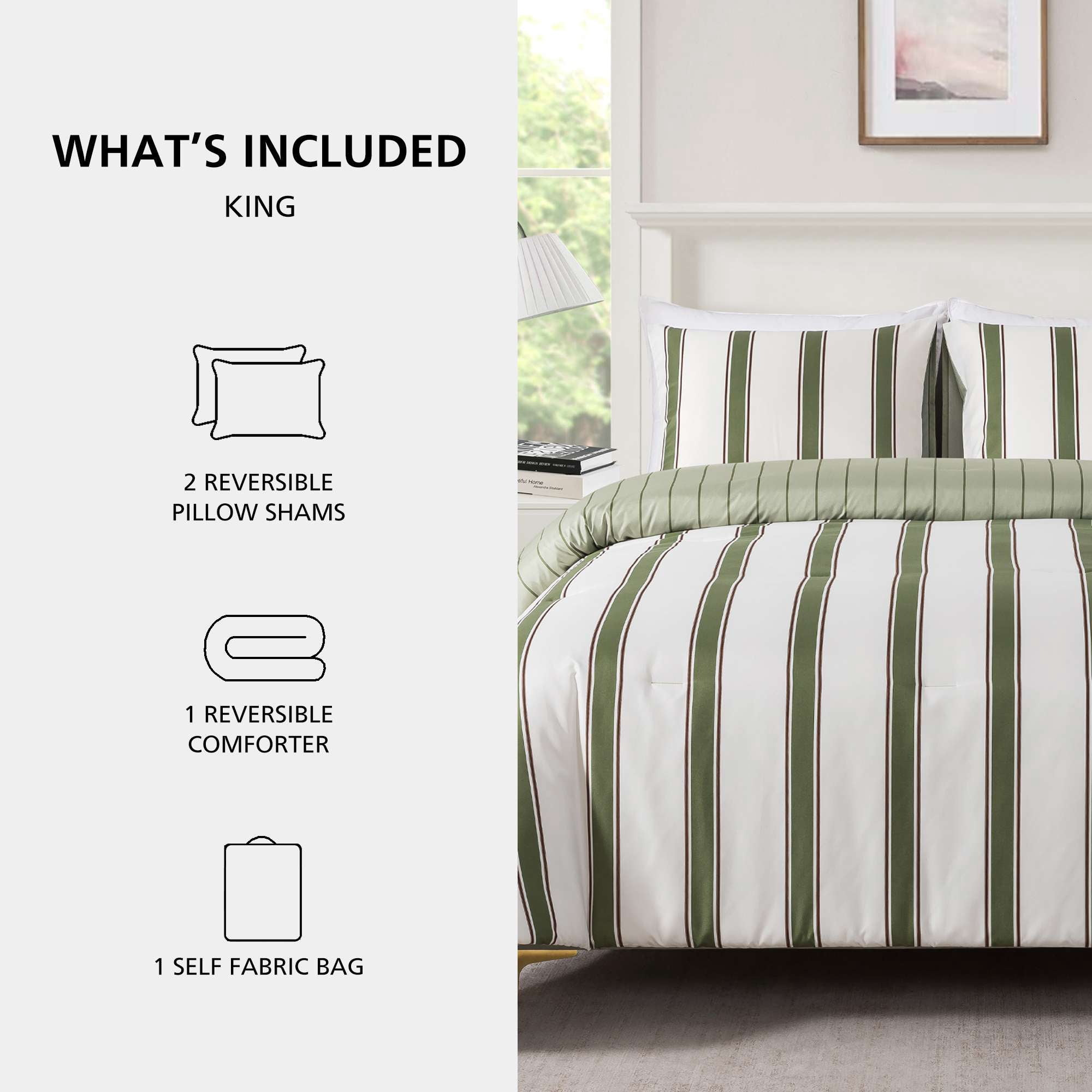 Mainstays King Comforter Set, All-Season, 3-Piece, Green Stripe