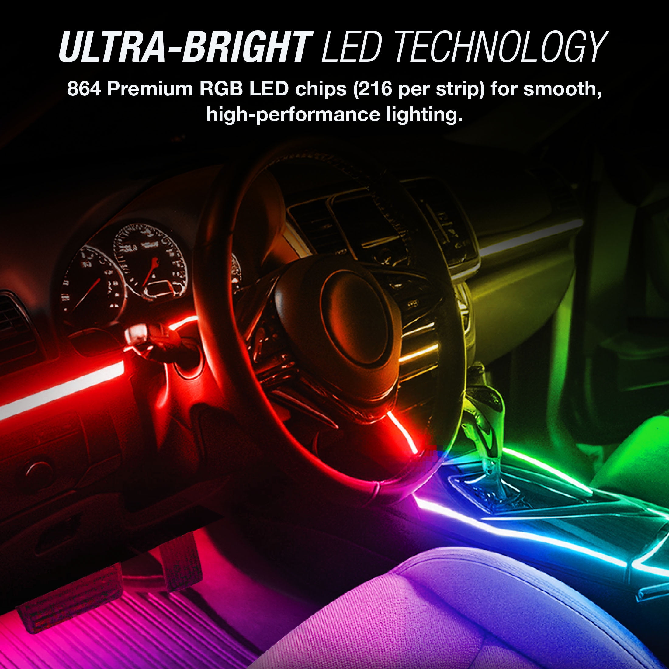 TYPE S - Infinite AppGlow Smart Interior Car LED Light Kit – 4 x 12” RGB Strips, CarPlay, Android Auto, Voice Control, Custom Presets, 12V Plug & Play