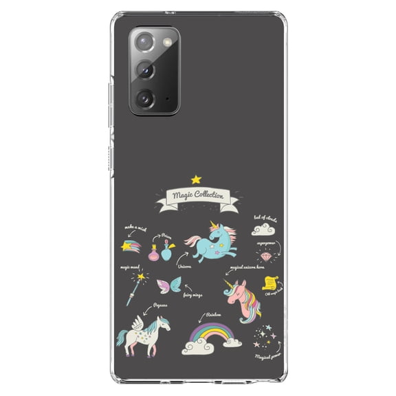 DistinctInk Clear Shockproof Hybrid Case for Samsung Galaxy Note 20 (6.7" Screen) - TPU Bumper, Acrylic Back, Tempered Glass Screen Protector - Magic Collection Grey - Unicorn, Rainbow
