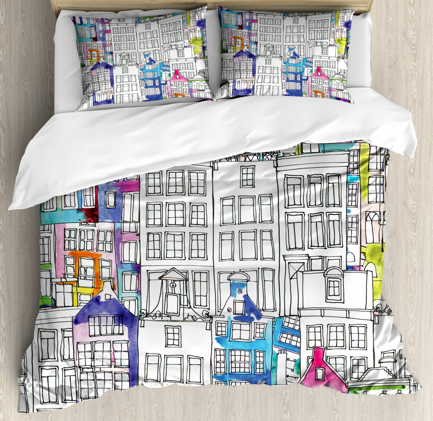 Amsterdam Duvet Cover Set, Handdrawn Style Houses of Amsterdam with