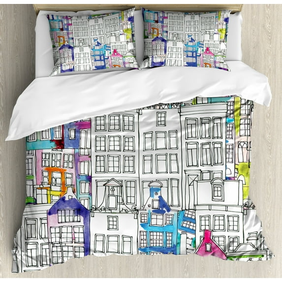 Amsterdam Duvet Cover Set King Size, Hand-drawn Style Houses of Amsterdam with Vibrant Watercolor Splashes Details, Decorative 3 Piece Bedding Set with 2 Pillow Shams, Multicolor, by Ambesonne