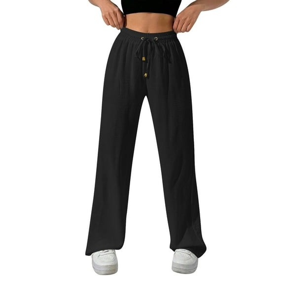 Xyxonk Womens Casual Elastic High Waisted Pant Drawstring Cotton Linen Adjustable Palazzo Pants Loose Flowy Trousers with Side Pockets Black L
